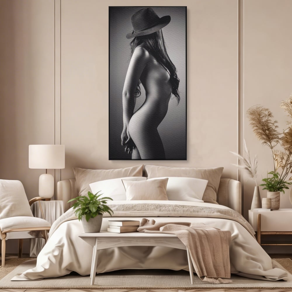 Tablou canvas cu tablou canvas cu silueta de femeie, in rama de aluminiu negru, pe perete intr-un dormitor